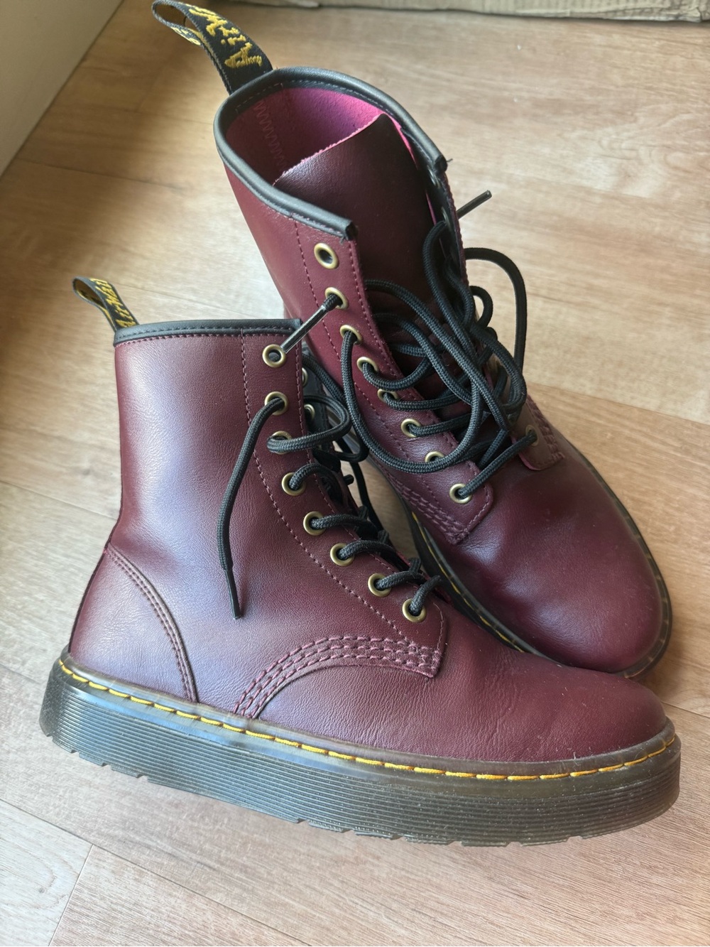 Dr. Martens Burgundy Combat Boots - Classic Lace-Up Work Style